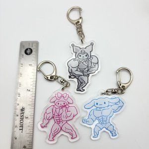 Sanrio Hello Kitty Funny Buff Muscular Double Sided Acrylic Keychain Lot of 3